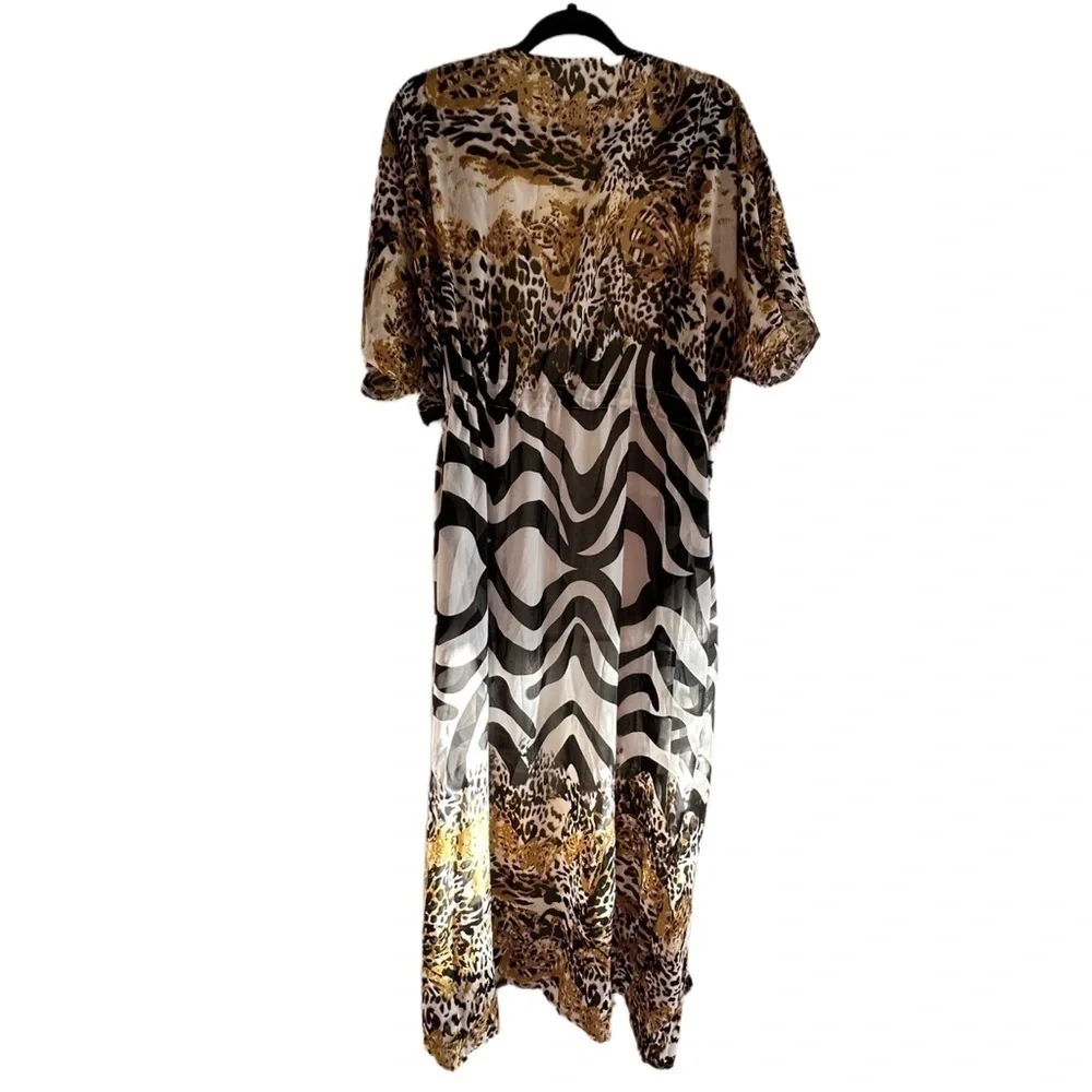 NIB NEW Women’s Maxi CoverUp Tiger Zebra Print Black White Gold TieFront - Picture 8 of 15
